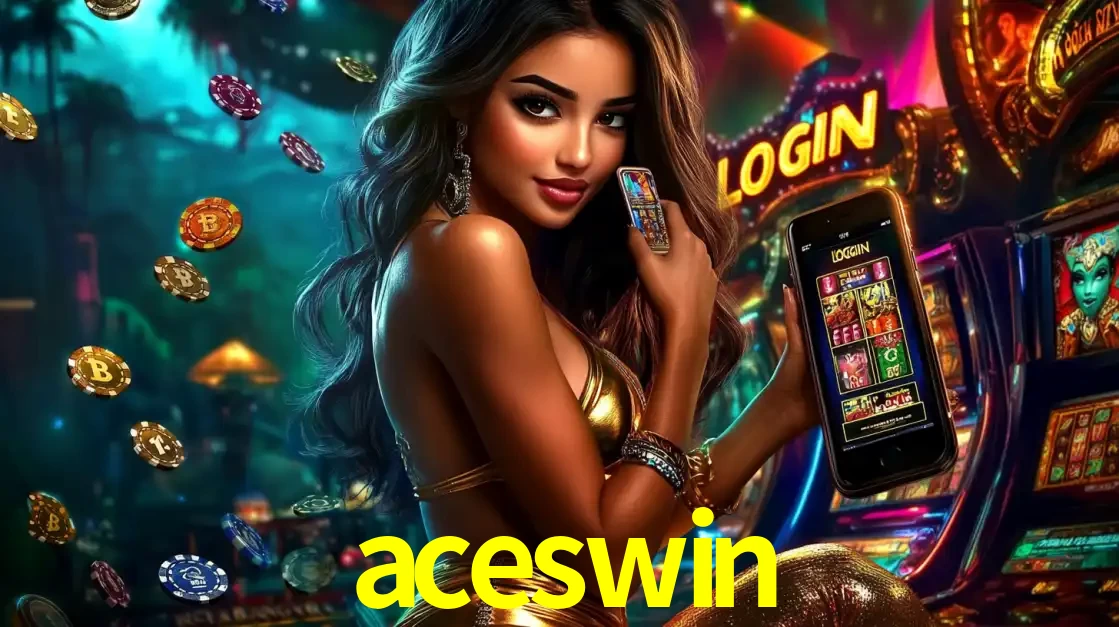 Mulher em um cenário de cassino temático de aventura, mostrando o app de caça-níqueis da aceswin no celular. Fichas de apostas flutuam ao redor.