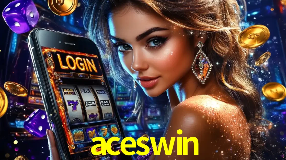 Mulher glamorosa segurando um smartphone com a tela de login para os jogos de caça-níqueis do cassino online aceswin, com moedas de ouro e dados ao redor.