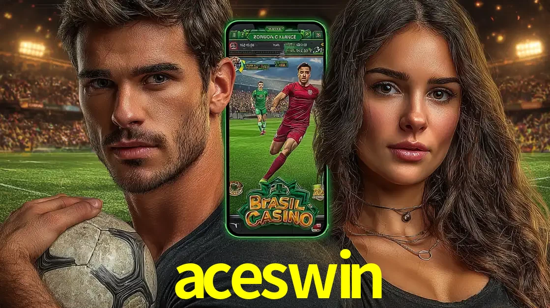 Homem segurando uma bola de futebol e uma mulher ao lado de um smartphone exibindo o jogo de apostas esportivas da aceswin. Faça seu palpite no cassino online.